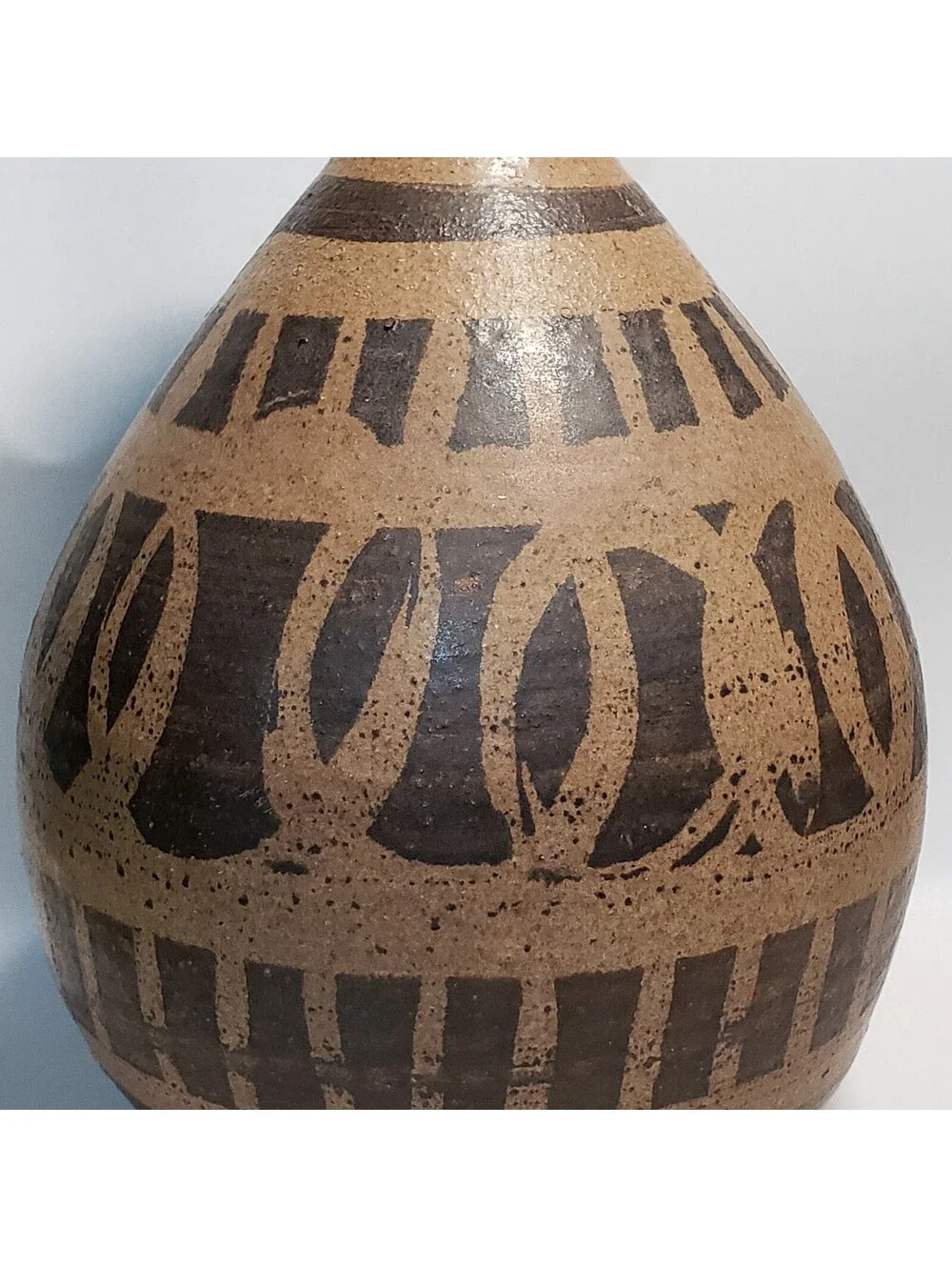 Artist Signed Art Pottery Vase Tall Narrow Neck Brown Pattern Glaze